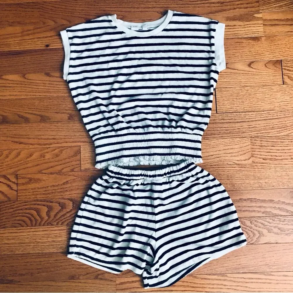 Gap Kids Terry Cloth Striped White Black Shirt Short Set Girl’s Size XXL (14-16)